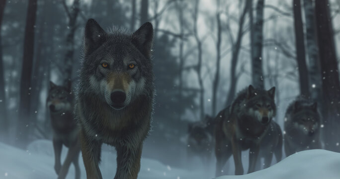 Cinematic Shot of a Wolfpack on the Hunt in Snowy Forest