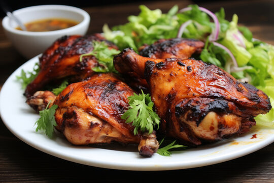 Grilled chicken thighs with herbs and salad on a plate