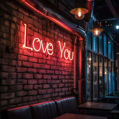 Glowing Neon Sign on Brick Wall that says "Love You"