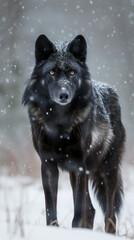 Majestic Black Wolf Standing in Snowy Forest