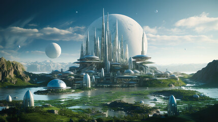Fototapeta na wymiar 地球外の惑星に築かれた都市のイメージ