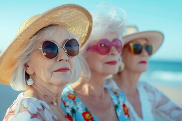 charming older women in sunglasses and hat on vacation in summer day