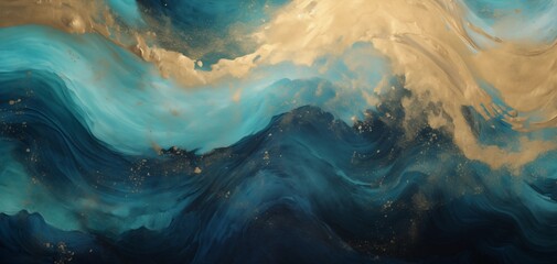 Ocean in rich blue and gold, abstract marbled wallpaper or background 002