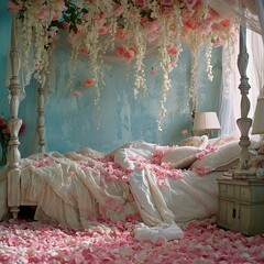 Vintage Bedroom Bliss Amongst Cascading Rose Petals