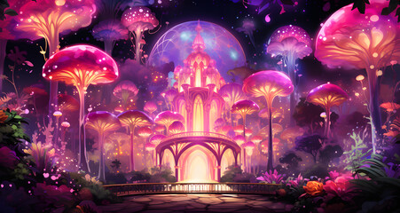 fantasy forest with fairy castle and floating purple balloons - obrazy, fototapety, plakaty