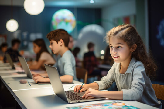 Kids in the classroom using AI to learn, girl working on a laptop with a robot teaching her