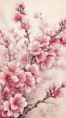 Sakura branch on light background, Japanese painting