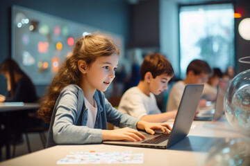 Kids in the classroom using AI to learn, girl working on a laptop with a robot teaching her - obrazy, fototapety, plakaty