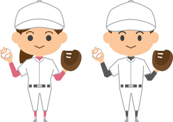 グローブを持っている野球選手のイメージイラスト（男女セット）
