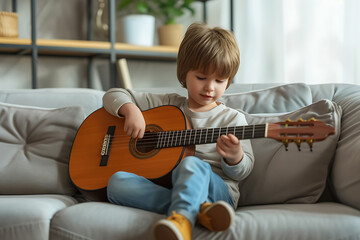 child school boy playing guitar sitting on the couch in a bright modern room