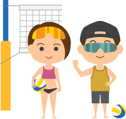 ビーチバレーボール選手のイメージイラスト（男女セット）