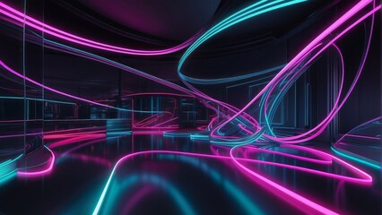 3d render. Abstract neon wallpaper. Glowing dynamic lines over black background. Light drawing trajectory. Fluorescent ribbon

