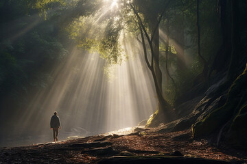 smiling woman man with morning light beam shining through a ravine creates a misty and dramatic atmosphere, evoking a sense of a new day beginning in this natural cathedral