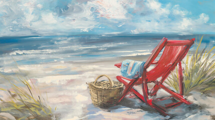 
a brushed painting of a red folding beach chair with a towel and picnic basket on the beach