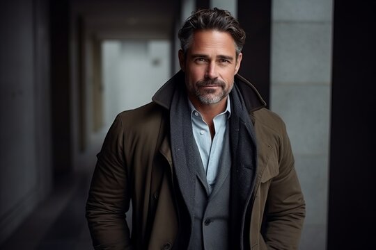 Portrait of a handsome middle-aged man in a coat. Men's beauty, fashion.