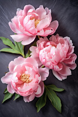 Three peonies flowers on marble table top view photo, flowers of the year