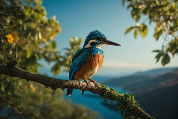A Kingfisher, its feathers ruffled by the gentle breeze as it surveys its surroundings in the idyllic Greek countryside.

