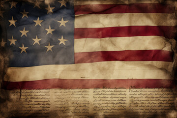 US flag illustration over an old parchment paper, rustic style with unrecognizable text in cursive