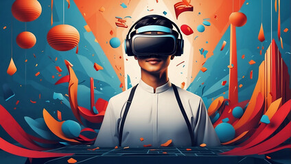 A boy uses VR glasses. Illustration of the use of virtual reality glasses technology. Virtual technology with abstract background