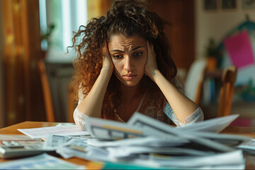 Young worried woman with a pile of bills or tax papers looking confused or overwhelmed, being in debt or behind on taxes or bills - obrazy, fototapety, plakaty
