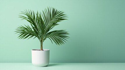 palm tree in white pot with copy space on green background