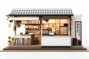Ramen Noodles Shop Interior, Illustrating the Cozy Atmosphere of a Little Restaurant, on an Isolated White Background, Generative AI