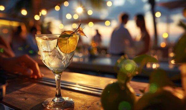 Cocktail on a table, party with friends, gin tonic,  family, people having fun, alcohol, fancy, beautiful view, lemon slice, luxury, summer night, bar, Generative AI