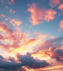 Sky at sunset, sky at sunrise, clouds, orange clouds cirrus clouds, cumulus clouds, sky gradient, sky background at dusk, twilight, nightfall, pink sky, pink clouds, sun, environment, Generative AI