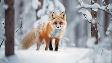 An image of a fox in a snowy forest.