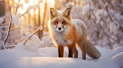 Naklejka na ściany i meble An image of a fox in a snowy forest.