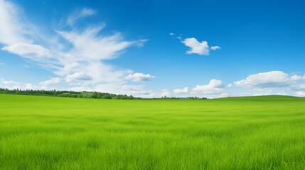Fototapeta na wymiar An image of a landscape of green field and blue sky.