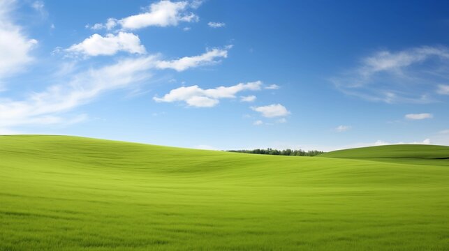 An image of a landscape of green field and blue sky.