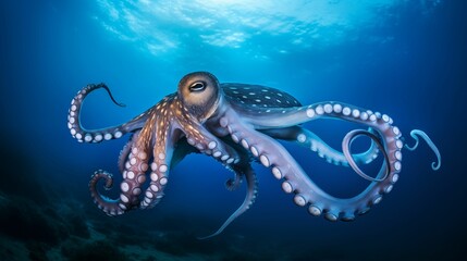 Naklejka premium An octopus in a deep, beautiful blue ocean.