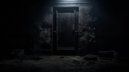 Black door, shrouded in an air of secrecy. - obrazy, fototapety, plakaty