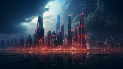 City skyline in cyberpunk style with towering buildings.