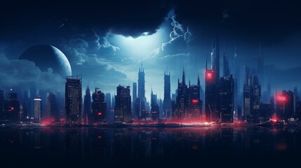 City skyline in cyberpunk style with towering buildings.