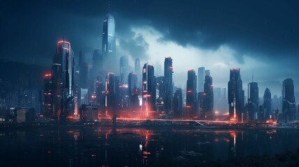 City skyline in cyberpunk style with towering buildings.