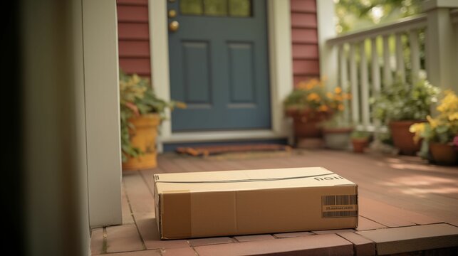 Cardboard Package Placed On The Doorstep Of A Home.