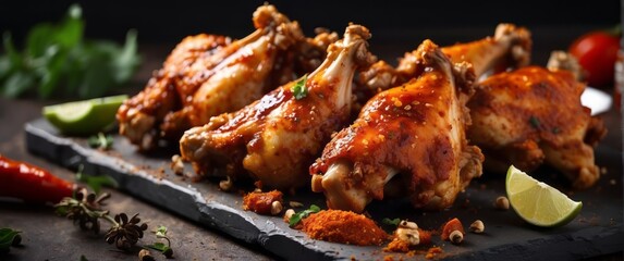 fresh chicken boned wings in buffalo barbeque, or spicy sauce with flying ingredients and spices...