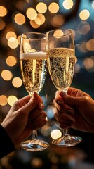 Two hands with  glasses of champagne cheering, celebrating new year's eve, toast, cheering, wedding and birthday, special event, celebrating together, Generative AI