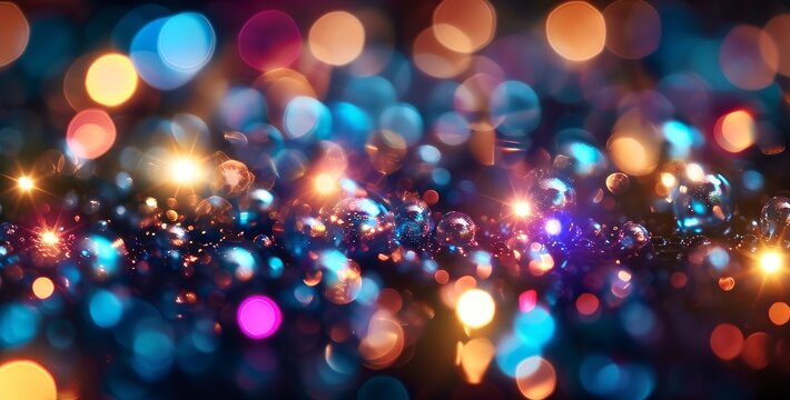 Blurry confetti, water bubbles, bokeh lights, multicolored blurry light, depth of field, abstract  background, multicolor, rainbow, haze, city lights, Generative AI
