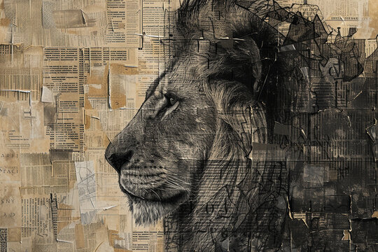 An image of a lion profile with a background that resembles a patchwork of document fragments arranged to create an abstract texture - Generative AI