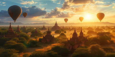 Bagan panorama with temples and hot air-ballons during sunrise