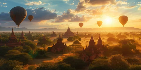 Papier Peint photo Lieu de culte Bagan panorama with temples and hot air-ballons during sunrise
