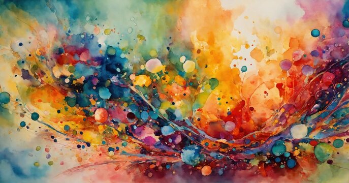 Abstract artwork in watercolor technique with splashes and dots of color. Brush stroke and splash color. Contemporary surrealist painting. Modern poster for wall decoration