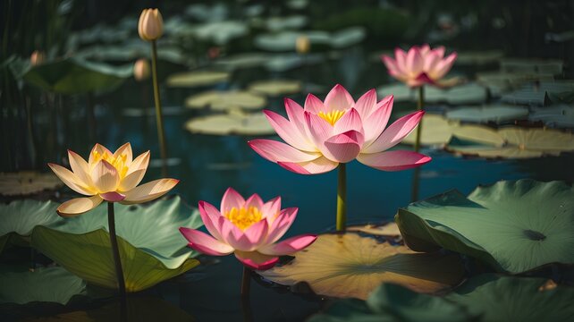 Close-up high-resolution image of colorful lotus flowers in a pond.