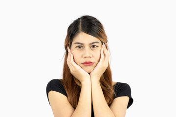 Fototapeta premium Young asian woman long hair style posing bore emotional face isolated on white background.
