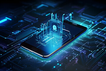 Cyber security illustration of smart phone, padlock futuristic microchip processor, protecting business and financial data. - obrazy, fototapety, plakaty