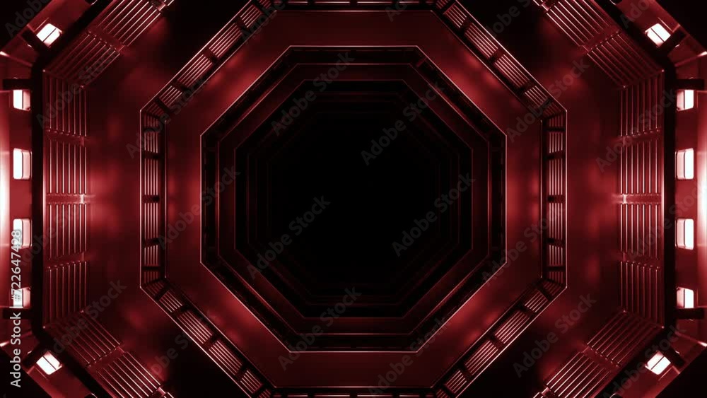 Poster dark space tunnel with flashing lights. design. octagonal shape of metal tunnel. 3d spaceship tunnel
