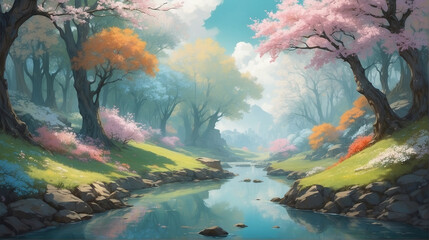 Sakura trees along the river in summer. AI generative